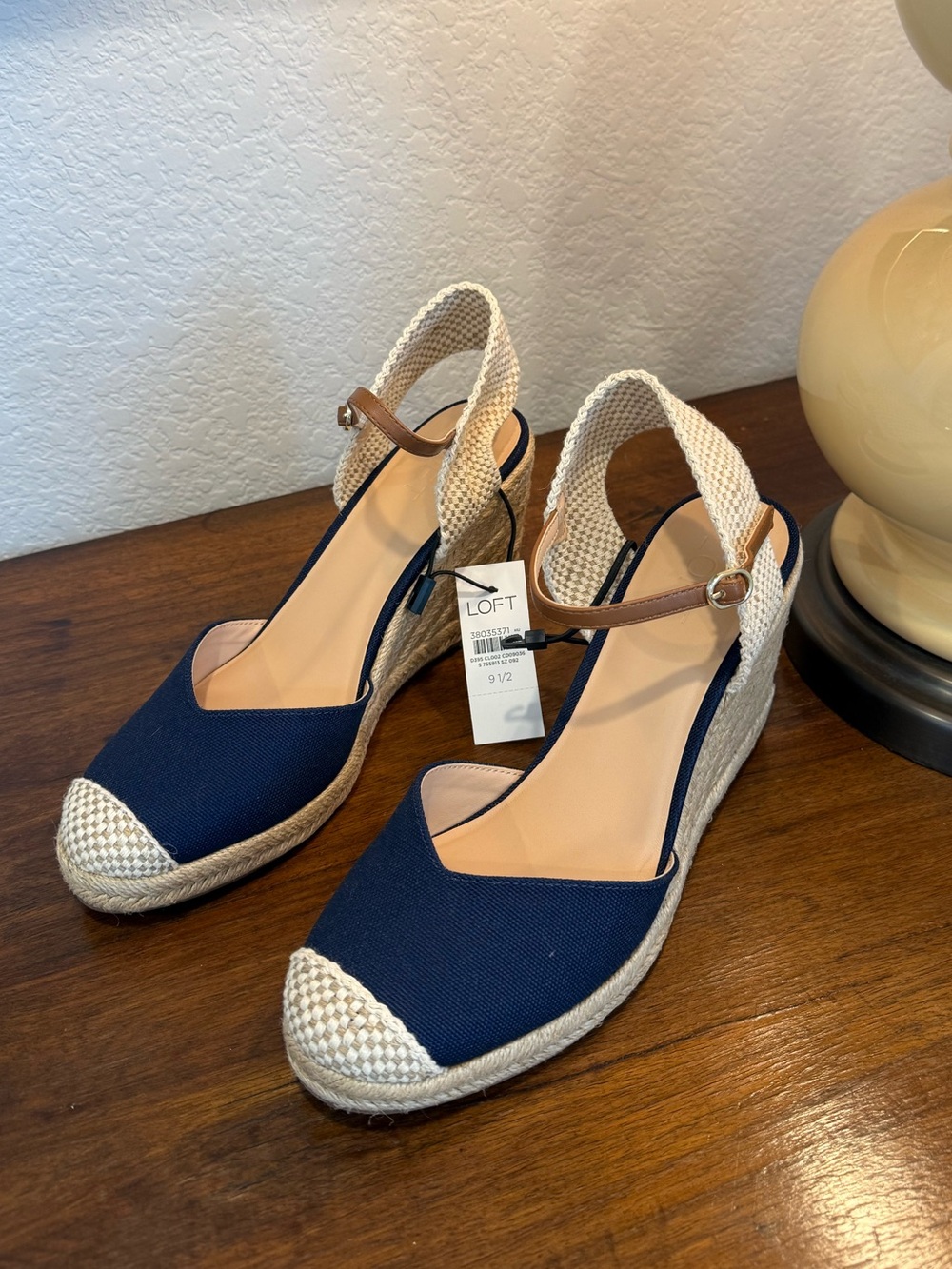 LOFT Navy and Cream Espadrille Wedge Sandals with Ankle Strap